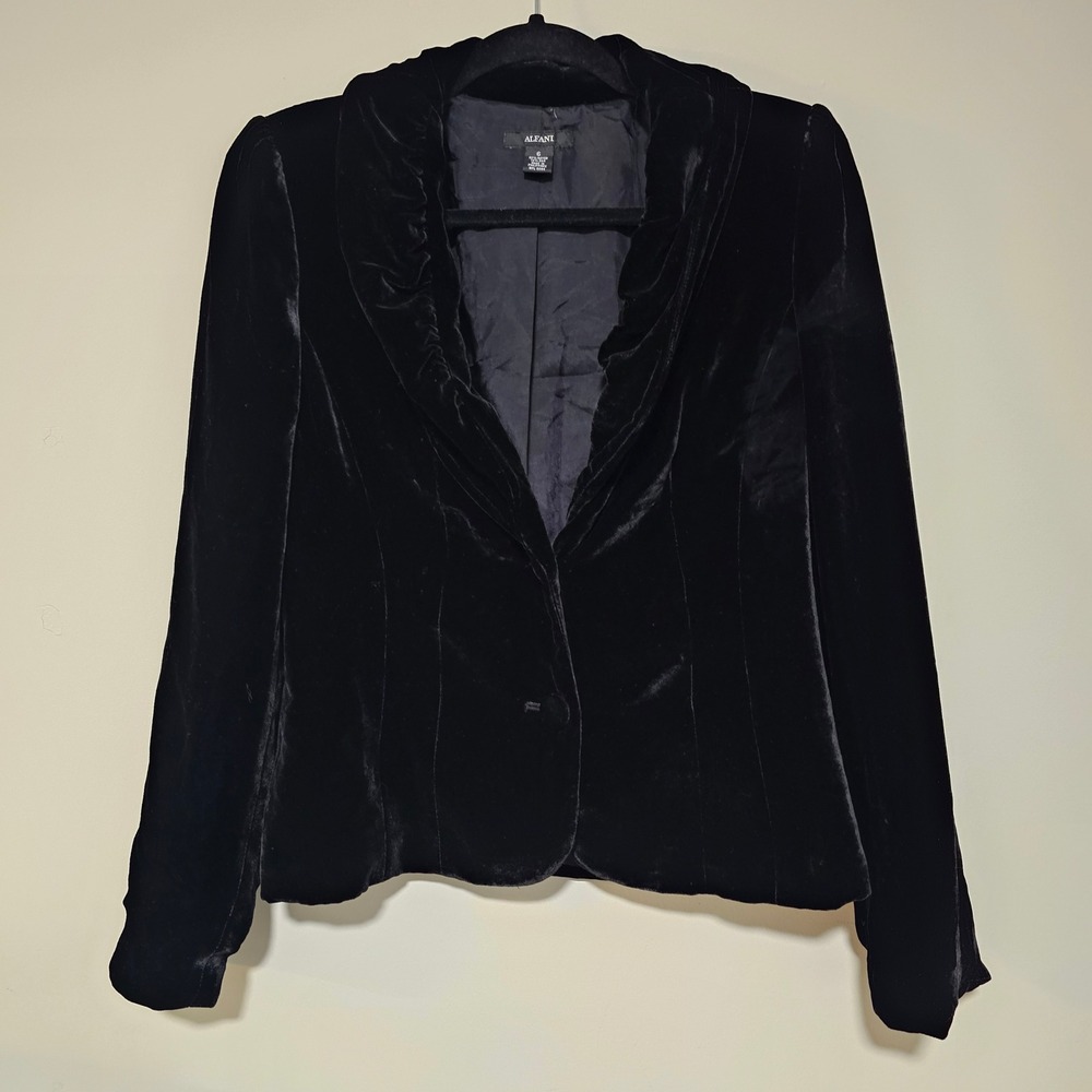 Alfani Velvet Blazer Women 6 Black Silk Blend‎ Ruffle Evening Jacket Witchy Goth
